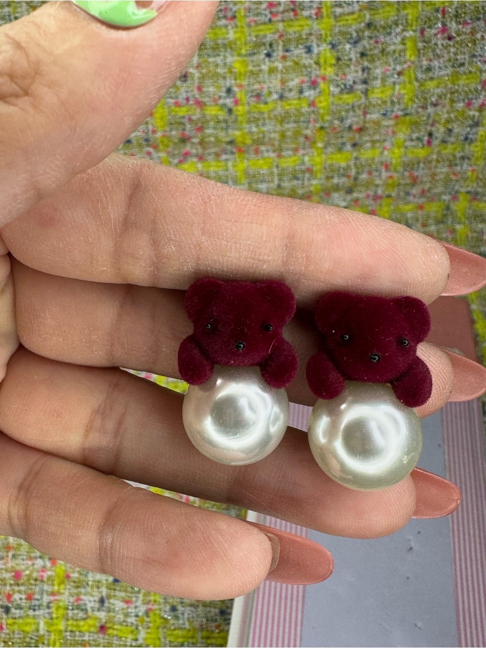 Velvet Bear Pearl Drop Kids Earrings - Burgundy